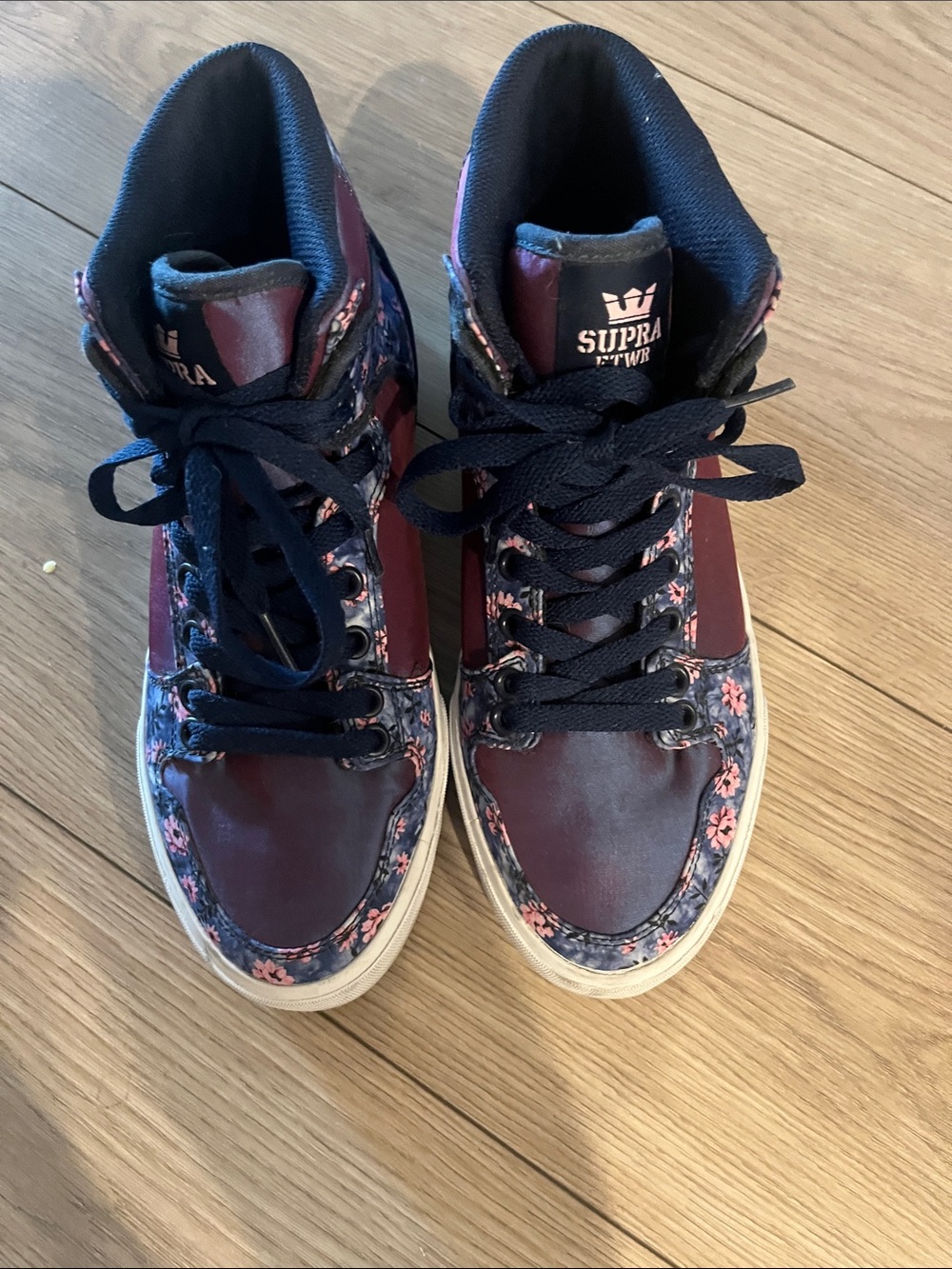 SUPRA Women's Burgundy High-Top Sneakers with Navy Floral Trim